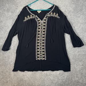 Oneworld Peasant Tunic Top 3XL Gold Embroidered Boho Hippie Artsy Festival Flowy